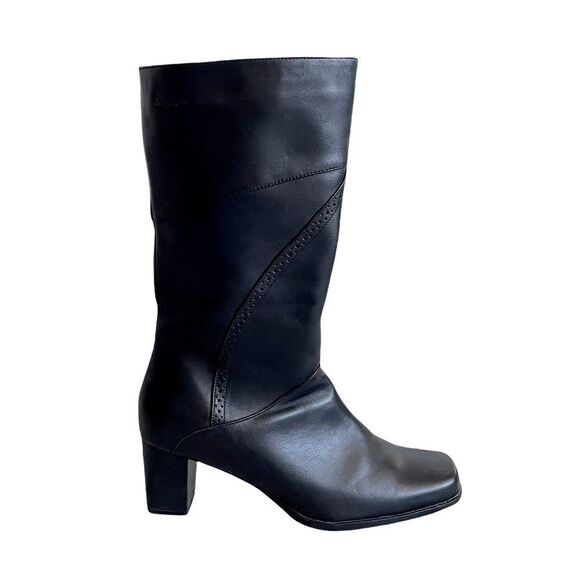 AQUA College Black Leather Insulated Tall Winter Heel Boots Square Toe 8.5 - Picture 2 of 16